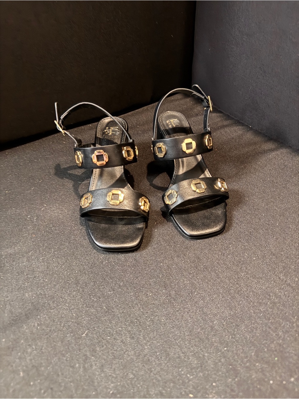 Nicole Miller Black Strappy Heeled Sandals with Gold Accents